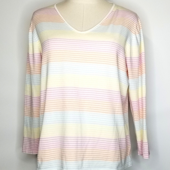 Neiman Marcus Pastel Stripe Longsleeve V-neck Cotton Blend Pullover Top, XL - Picture 1 of 8